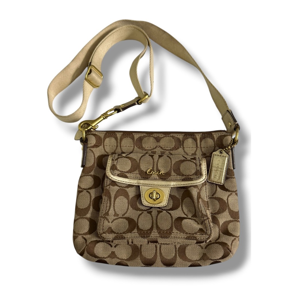 Coach Signature Canvas Crossbody Bag Brown Khaki Front Turnlock Pocket Gold Trim